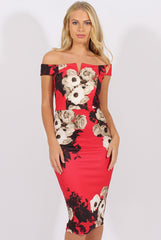 Red Floral Bardot V Front Midi Dress - Lynn-Dresses