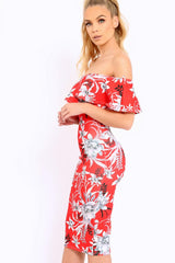 Red Floral Frill Bardot Bodycon Midi Dress - Aphra-Dresses