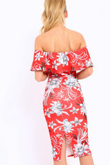 Red Floral Frill Bardot Bodycon Midi Dress - Aphra-Dresses