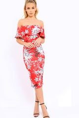 Red Floral Frill Bardot Bodycon Midi Dress - Aphra-Dresses