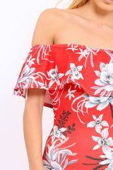 Red Floral Frill Bardot Bodycon Midi Dress - Aphra-Dresses
