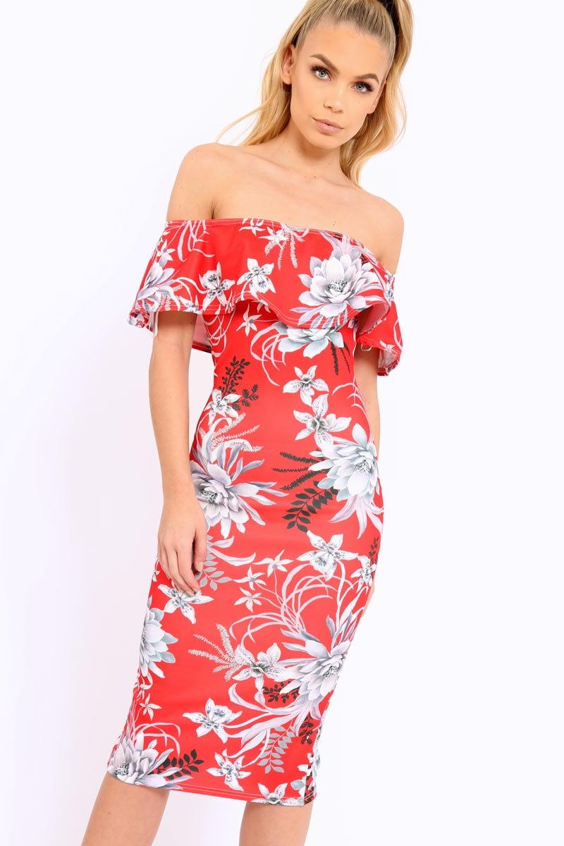 Red Floral Frill Bardot Bodycon Midi Dress