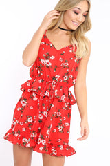 Red Floral Frill Playsuit - Alina-Playsuits