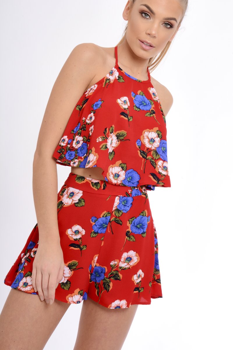 Red Floral Halterneck Crop Top - Kamisha-Crop Tops