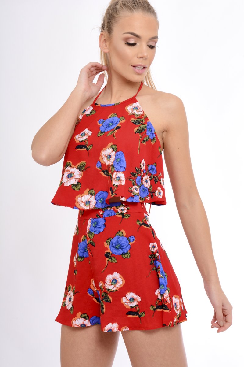 Red Floral Halterneck Crop Top - Kamisha-Crop Tops