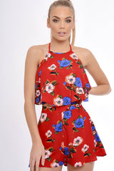 Red Floral Halterneck Crop Top - Kamisha-Crop Tops