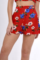 Red Floral High Waisted Shorts - Kamisha-Shorts