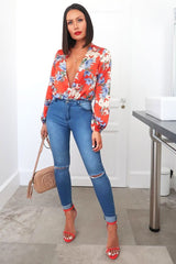 Red Floral Long Sleeve Plunge Bodysuit - Nicole-Bodysuits