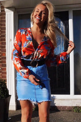 Red Floral Long Sleeve Plunge Bodysuit - Nicole-Bodysuits