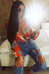 Red Floral Long Sleeve Plunge Bodysuit - Nicole-Bodysuits