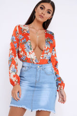 Red Floral Long Sleeve Plunge Bodysuit - Nicole-Bodysuits