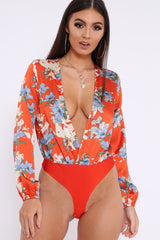 Red Floral Long Sleeve Plunge Bodysuit - Nicole-Bodysuits