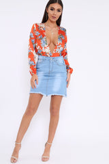 Red Floral Long Sleeve Plunge Bodysuit - Nicole-Bodysuits