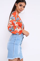 Red Floral Long Sleeve Plunge Bodysuit - Nicole-Bodysuits
