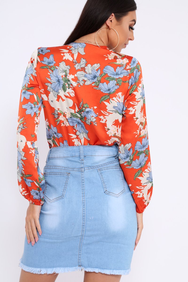 Red Floral Long Sleeve Plunge Bodysuit - Nicole-Bodysuits