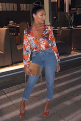 Red Floral Long Sleeve Plunge Bodysuit - Nicole-Bodysuits