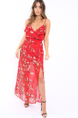 Red Floral Maxi Dress with Frill - Zaila-Dresses