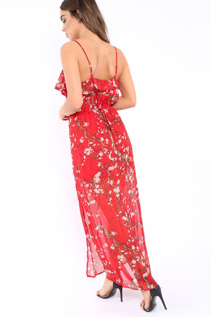 Red Floral Maxi Dress with Frill - Zaila-Dresses