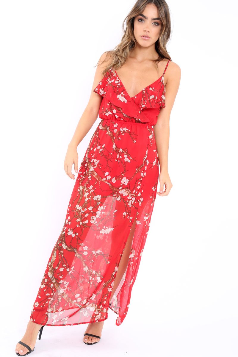 Red Floral Maxi Dress with Frill - Zaila-Dresses