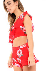 Red Floral One Shoulder Co-ord - Ivree-Co-ords