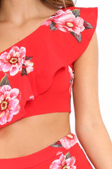 Red Floral One Shoulder Co-ord - Ivree-Co-ords