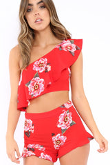 Red Floral One Shoulder Co-ord - Ivree-Co-ords