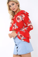 Red Floral One Sleeved Crop Top - Beatrice-Crop Tops
