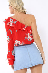 Red Floral One Sleeved Crop Top - Beatrice-Crop Tops