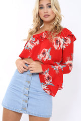 Red Floral One Sleeved Crop Top - Beatrice-Crop Tops