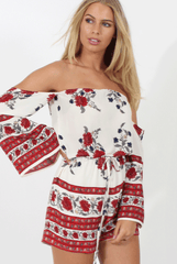 Red Floral Print Bardot Playsuit - Joanna-Playsuits