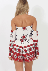 Red Floral Print Bardot Playsuit - Joanna-Playsuits