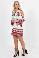 Red Floral Print Cold Shoulder Dress - Penelope-Dresses