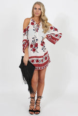 Red Floral Print Cold Shoulder Dress - Penelope-Dresses