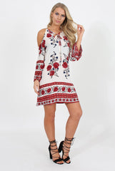 Red Floral Print Cold Shoulder Dress - Penelope-Dresses
