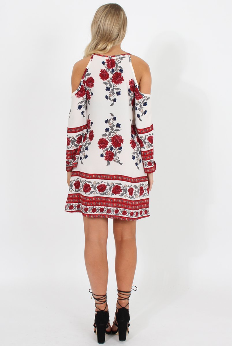 Red Floral Print Cold Shoulder Dress - Penelope-Dresses