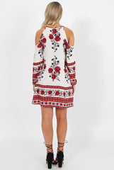Red Floral Print Cold Shoulder Dress - Penelope-Dresses