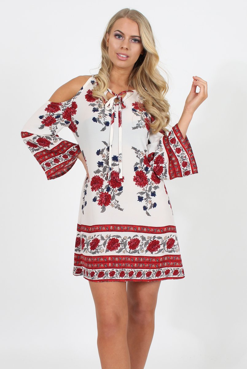 Red Floral Print Cold Shoulder Dress - Penelope-Dresses