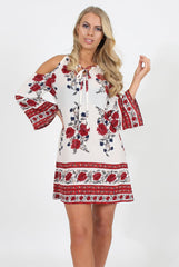 Red Floral Print Cold Shoulder Dress - Penelope-Dresses