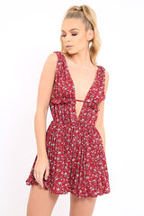 Red Floral Print Plunge Tie Back Pleated Playsuit - Remy-Playsuits