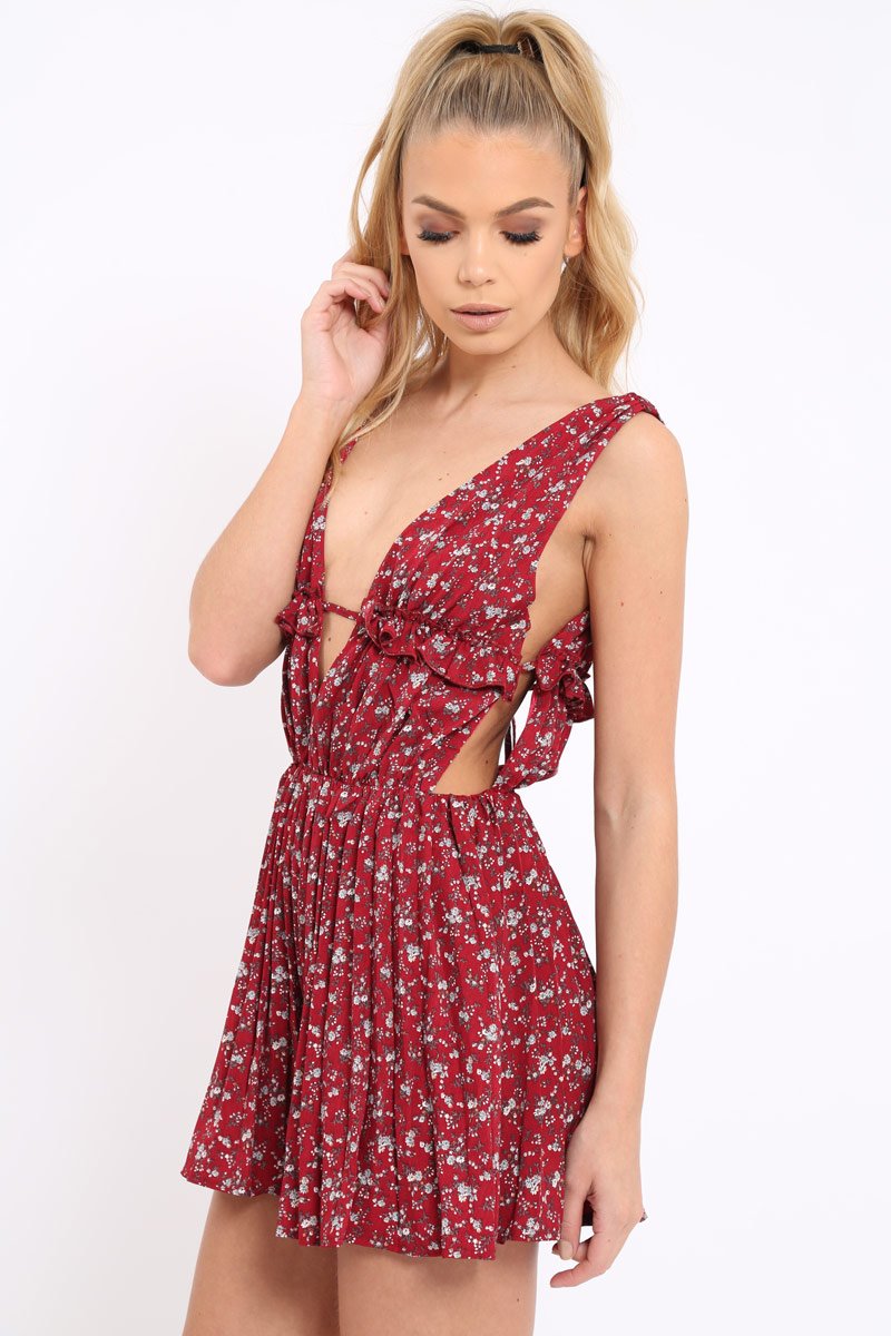 Red Floral Print Plunge Tie Back Pleated Playsuit - Remy-Playsuits