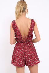 Red Floral Print Plunge Tie Back Pleated Playsuit - Remy-Playsuits
