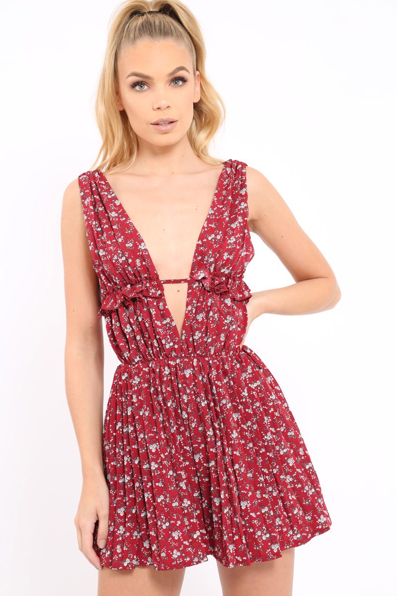 Red Floral Print Plunge Tie Back Pleated Playsuit - Remy-Playsuits