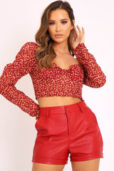 Red Floral Print Puff Sleeve Milkmaid Crop Top - Caddie-Crop Tops