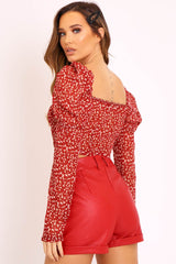 Red Floral Print Puff Sleeve Milkmaid Crop Top - Caddie-Crop Tops