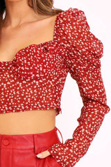 Red Floral Print Puff Sleeve Milkmaid Crop Top - Caddie-Crop Tops