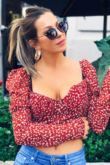 Red Floral Print Puff Sleeve Milkmaid Crop Top - Caddie-Crop Tops