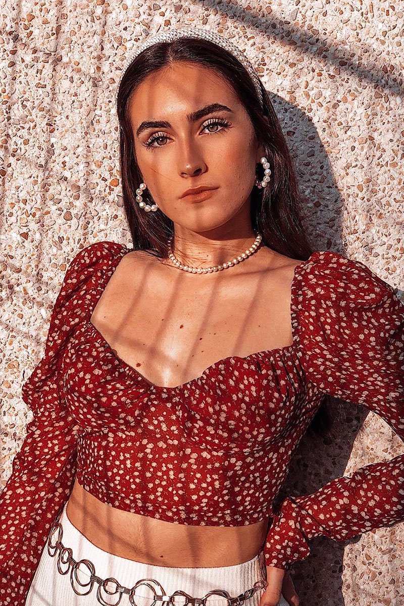 Red Floral Print Puff Sleeve Milkmaid Crop Top - Caddie-Crop Tops