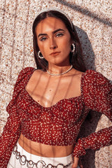 Red Floral Print Puff Sleeve Milkmaid Crop Top - Caddie-Crop Tops