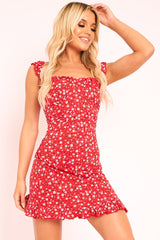 Red Floral Print Ruffle Dress - Linda-Dresses