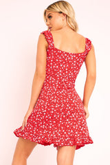 Red Floral Print Ruffle Dress - Linda-Dresses